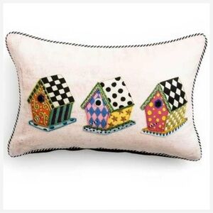 Mackenzie-Childs embroidered and beaded trio of bird houses lumbar pillow